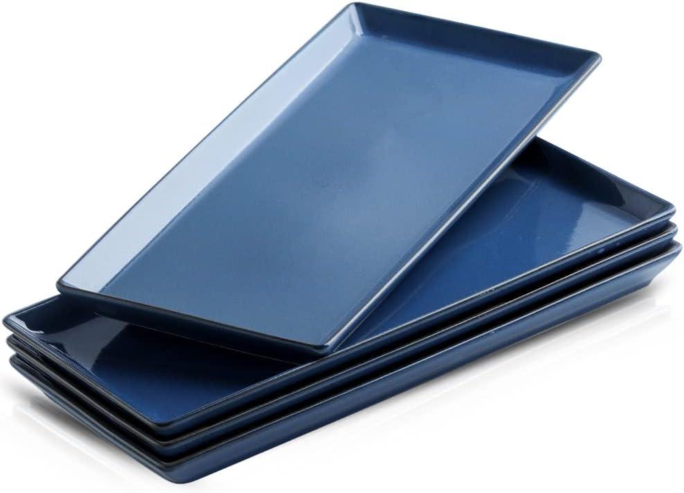 KOOV Ceramic Serving Tray, 14 Inches Large Platter, Rectangular, Porcelain Plates, Dishes for Dinner, Party, Sushi, Dessert, Food, Set of 4 (Stone Blue)