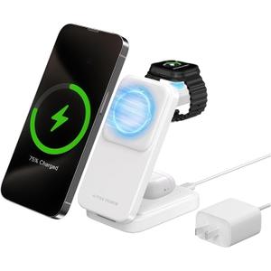 Wireless Charger Stand 3 in 1 Charger, Foldable iPhone Charging Station with 20w Adapter, Qi2 Certified Magnetic Wireless Charger for iPhone 17/16/15/14/13/12 Series & Airpods & iwatch