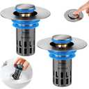 Bathroom Sink Stopper, Pop Up Drain for Bathroom Sink, Sink Plug Hair Catcher, Silent Popper Core with Removable Stainless Steel Filter Basket (Brushed Nickel, 2 Pack)