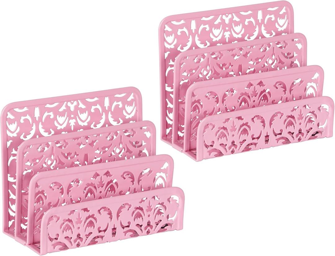 EasyPAG Mail Organizer Countertop 2pc Desk Mail Sorter for Envelope 3-Slot Vertical Letter Holder for Office, Home, School, Pink