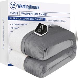 Westinghouse Heated Blanket Twin Size, Soft Flannel to Sherpa Electric Blanket with 10 Heating Levels, 12 Hours Auto Off, Fast Heating, Machine Washable, 62x84 Inch, Light Grey (Twin Size 62*84", Light Grey, Sherpa & Flannel)