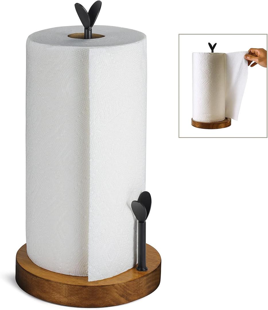 TJ.MOREE Farmhouse Paper Towel Holder Countertop, Easy One-Handed Tear Wood Paper Towel Stand for Kitchen Dining Table