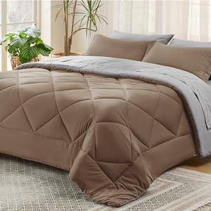 Bedsure Queen Comforter Set - 7 Pieces Reversible Brown Bedding, Queen Size Bed Set for All Seasons, Bed in a Bag with Down Alternative Comforter, Sheets, Pillowcases & Shams