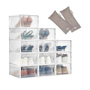 HomeBuddy Shoe Organizer Box - 12 Pack Shoe Box, Stackable Sneaker Storage, Sturdy Shoe Containers with Back Ventilation, Clear Shoe Boxes - Bamboo Charcoal Deodorizers Included