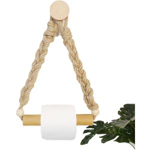Rattan Toilet Paper Holder, Boho Rope Wood Hanging Tissue Rolls Paper Holder Wall Mounted, Rustic and Natural Unique Bathroom Accessories with Self-Adhesive Seamless Screw