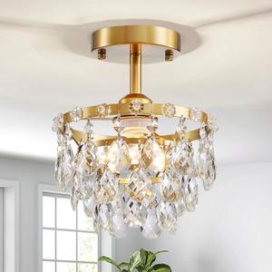 Gold Raindrop Crystal Semi Ceiling Light Fixture, Mini Crystal Chandelier, H11