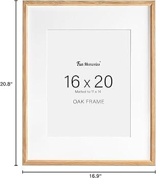 Fun Memories 16x20 Picture Frame, Solid Oak Wood Poster Frames, Modern Photo Frame for Wall 16x20 with 11x14 Mat, High Definition Plexiglass & Wall Hook Included (Beige, 1 Pack)