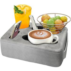 Couch Bed Cup Holder Pillow, Nisdoing 5 Hole Couch Drink Holder! Keep Drinks Hand Side and KeepTemp, Prevent Spills and Use Anywhere. Cup Holder for Couch, Bed,Camping,RV,Car,Beach. Gray