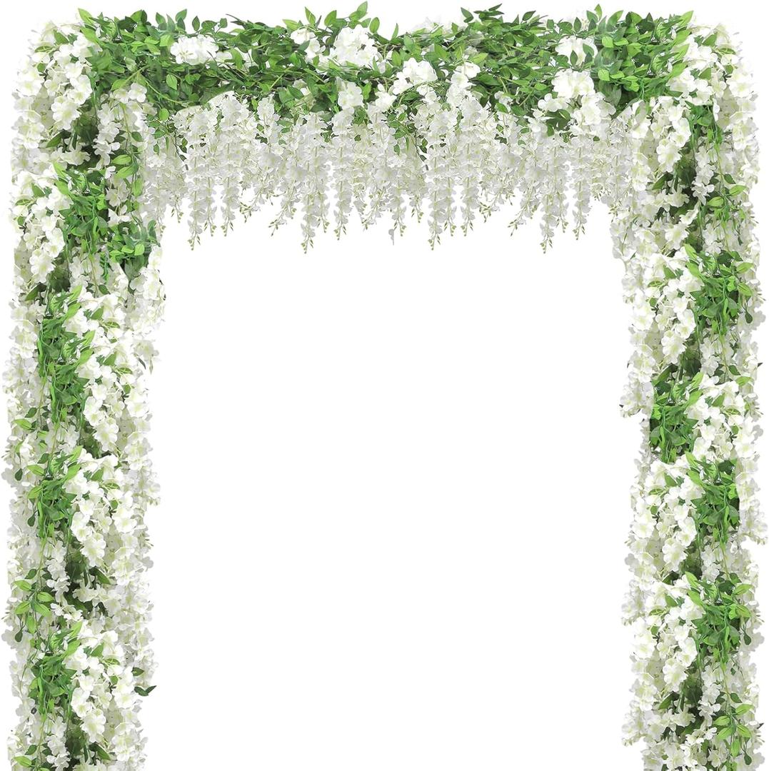 Wisteria Artificial Flower Garland,4PCS Wisteria Hanging Flowers for Wedding Decor,Wedding Arch Flowers,Flower Garland for Backdrop,Fake Hanging Flowers Vines for Wedding Decor(Total 28.8FT-White)