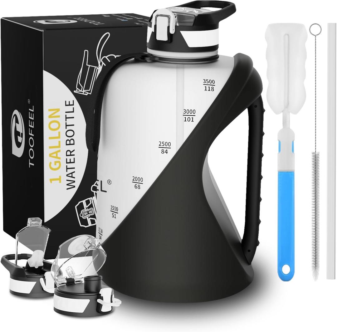 TOOFEEL 1 Gallon Water Bottle - 128 oz, BPA Free, Wide Mouth, Straw & Chug Lid, Gym & Travel, Black and White