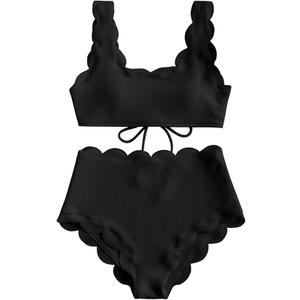 TSWRK Women's High Waist Bikini Vintage Scalloped Trim Two Piece Swimsuit, Black