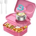 DaCool Kids Bento Box with Thermo for Hot Food Leakproof 1500ml Lunchbox for Kids with 5oz Small Thermo for Girls with Fork Spoon for Dining Out Work School, Pink