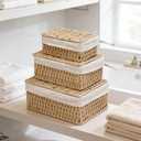 Storage Baskets with Lids, Set of 3 Wicker Baskets with Lids, Khaki Paper Rope Woven Storage Boxes with Removable Liners, Stackable Shelf Bins for Bathroom, Closet, Nursery