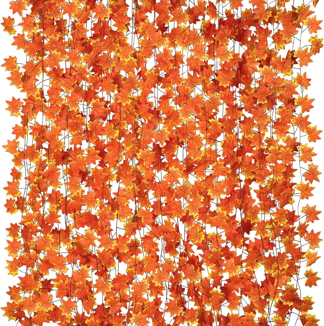 CQURE 20 Pack Fall Leaf Garland, Hanging Vines Garland Artificial Fall Maple Leaves Thanksgiving Decor for Home Wedding Fireplace Party (140Ft)