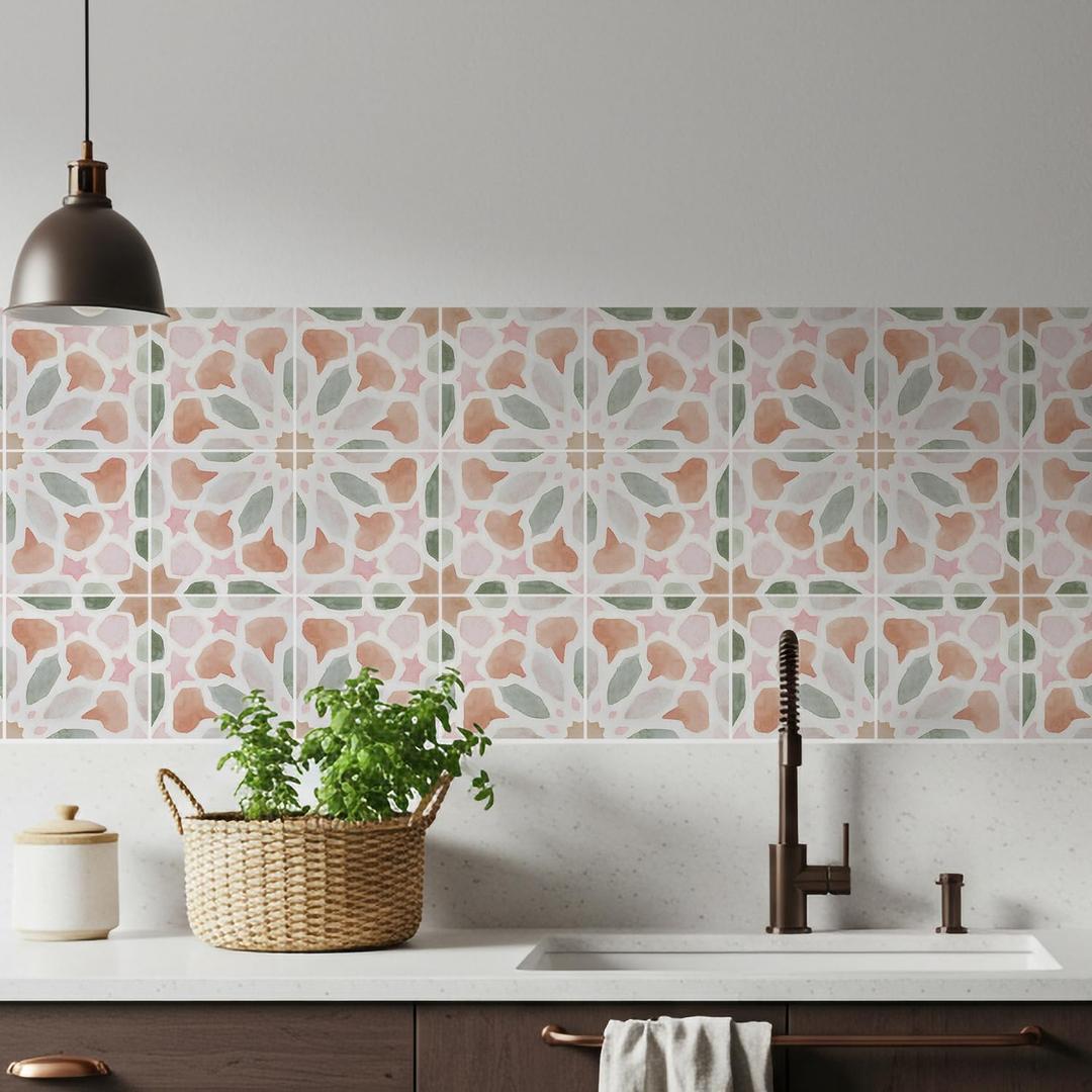 16 Pack, Self-Adhesive Moroccan Tile Stickers Vinyl Wall Decals Green Peel and Stick Waterproof 5.9x5.9inch for Home, Kitchen Living Room, Bedroom Decor