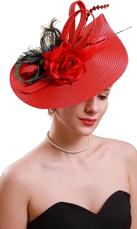 Tea Party Hats Fascinators for Women Kentucky Derby Headpiece Peacock Feather Wedding Headware Bridal Headpiece, Red