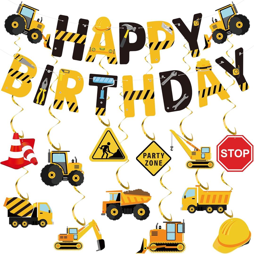 27 Pcs Construction Happy Birthday Banner Vehicle Truck Hanging Swirls Construction Party Ceiling Streamers Decoration for Birthday Party Decor