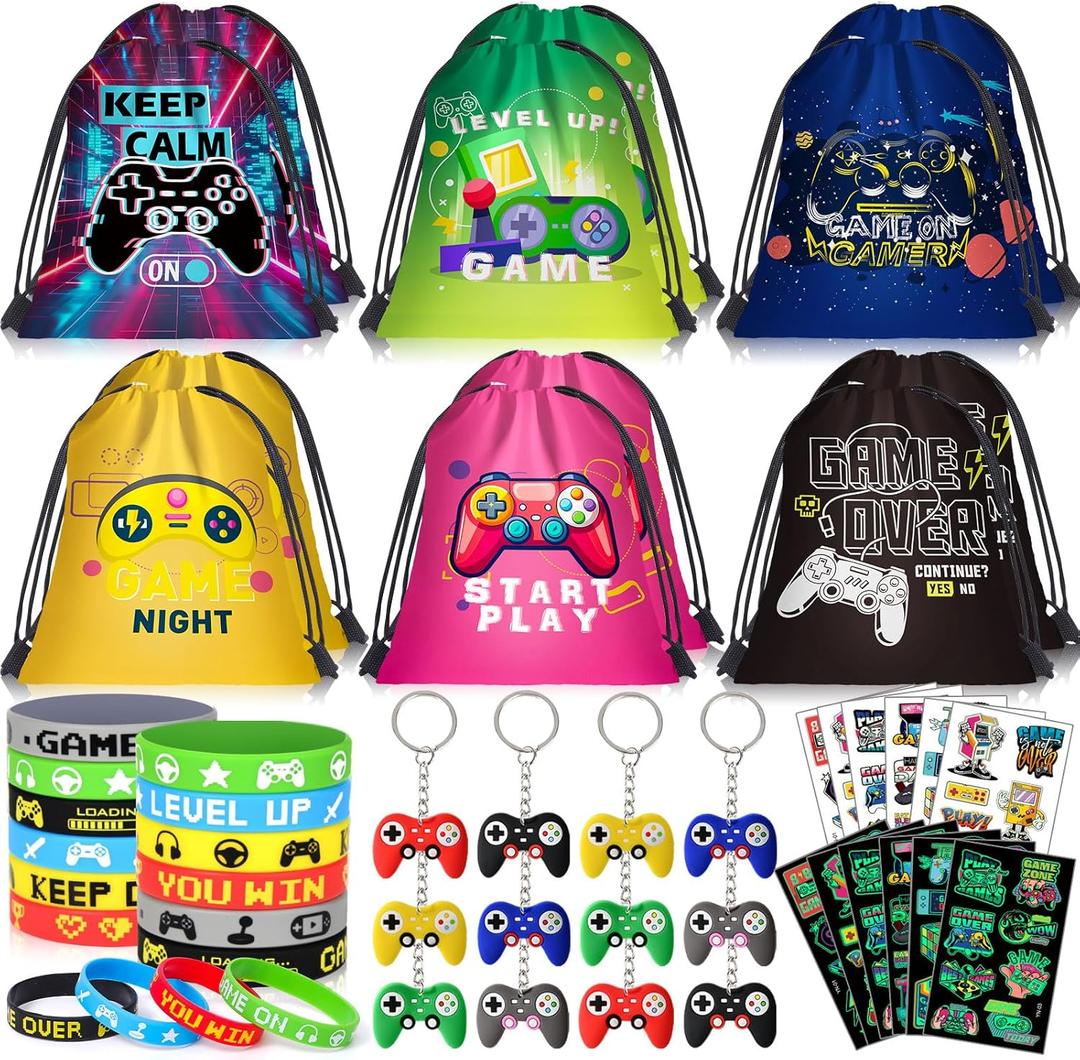 Video Game Party Favors Kids Gamer Birthday Party Supplies Drawstring Bag Silicone Bracelet Glow in Dark Tattoo Sticker Keychain Gamer Party Favors Gaming Birthday Goodie Bag Stuffers