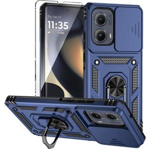 KELONGUS for Motorola Edge 2024 Case with Slide Camera Cover HD Screen Protector Military Grade 16ft. Drop Tested Magnetic Ring Kickstand Protective Phone Case, Blue