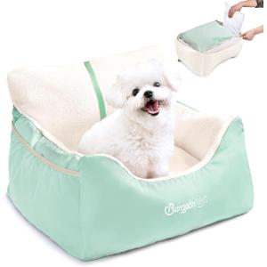 BurgeonNest Dog Car Seat for Small Dogs, Detachable and Washable Cat Carseats Under 25 lbs, Soft Pet Booster Seats with Storage Pockets and Clip-On Leash Portable Car Travel Carrier Bed, Beige Green