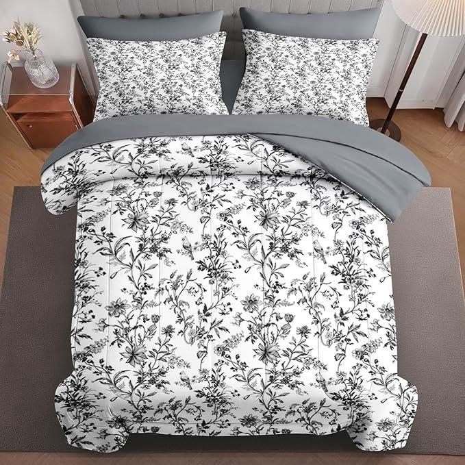 7 Pcs Comforter Set Full Size, Black Floral Roses Bed in a Bag with Flat Sheet and Fitted Sheet for Kids and Adults, Beautiful Flowers Bedding Set with 2 Pillowcases & 2 Shams