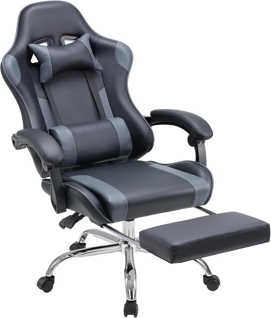 DUMOS Gaming Office Desk Chair with Footrest and Headrest for Adults, PU Leather Ergonomic Video Computer Chair with Linkage Armrests, Height Adjustable 360 Swivel Recling Chair, New Grey