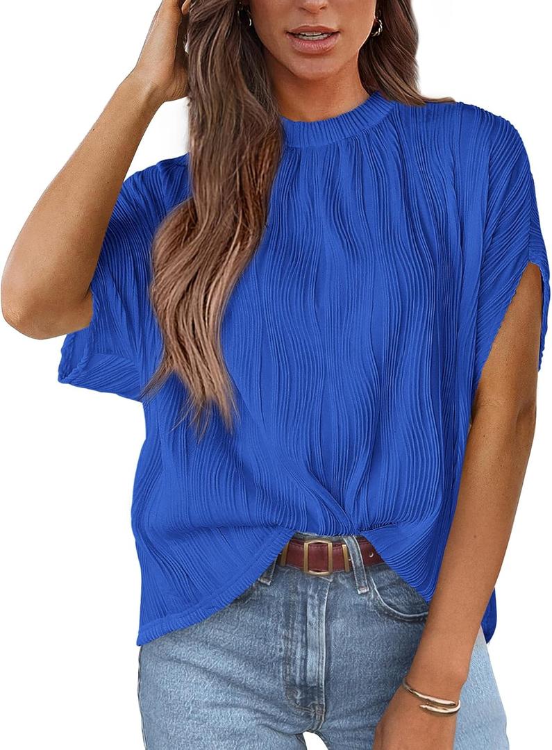 PRETTYGARDEN Women's Tops 2025 Summer Casual Crewneck Short Sleeve Textured Shirts Going Out Work Blouse Basic Tunic Top (Blue, L)