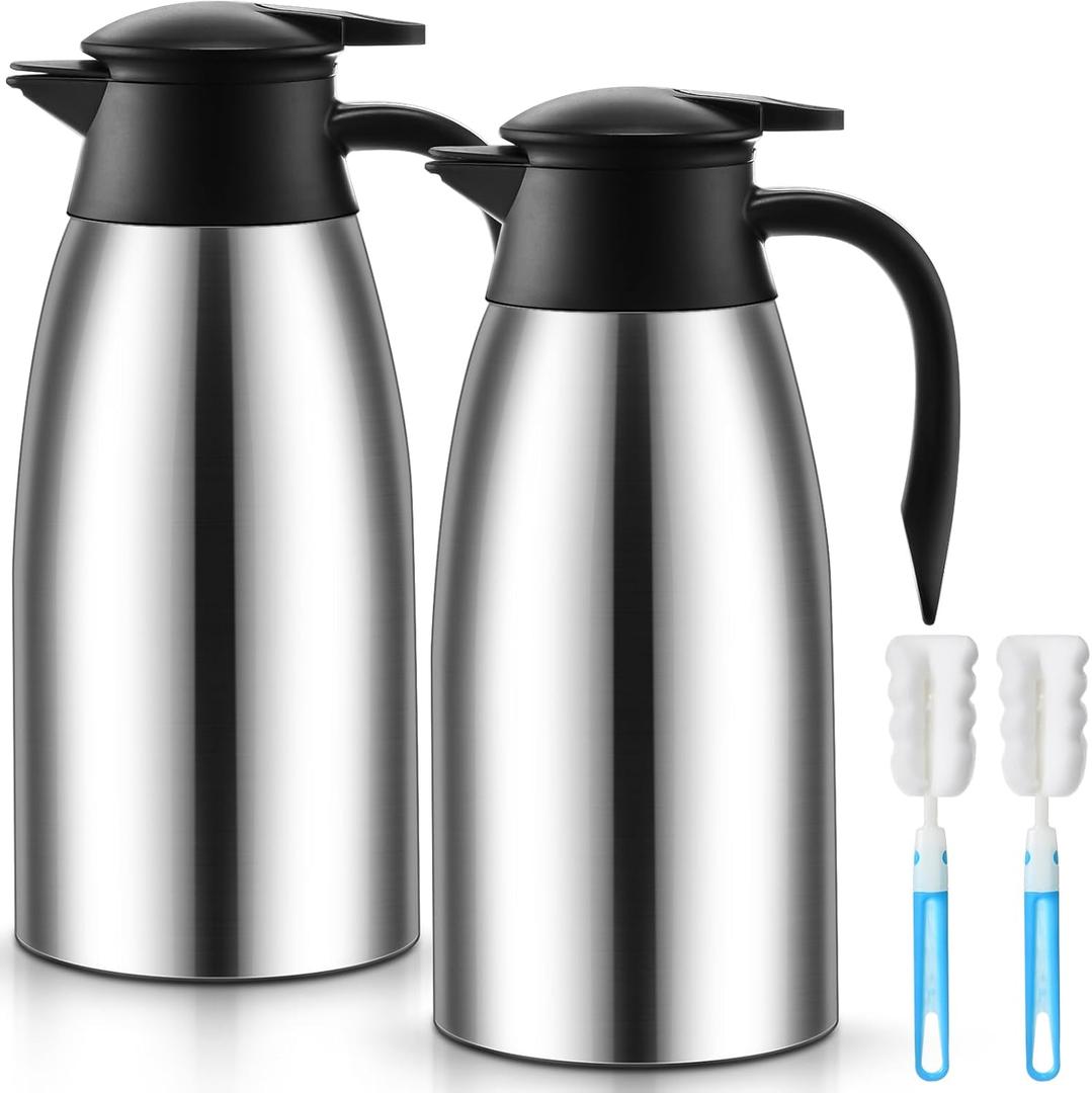 Norme 2 Pack Thermal Coffee Carafe Insulated Stainless Steel Coffee Carafe for Hot Liquid Vacuum Thermal Pot Creamer Pitcher Dispenser with Brushes Keeping Hot Water Milk(Silver,68 oz)