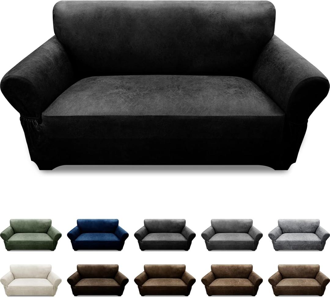 Loveseat Sofa Slipcover Leather Look Couch Covers for 2 Seater Couch Sofa 1-Piece Sofa Cover Stretch Furniture Protector with Elastic Bottom & Pockets(Loveseat, Black)