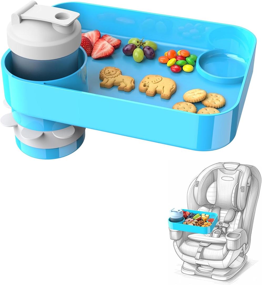 Car Seat Snack Tray for Kids, Mess-Free Square Travel Tray Cup Holder Snack Tray, Durable Car Food Tray for Toddlers, Universal Fit Kids Travel Road Trip Essentials (Sky Blue)