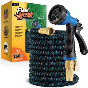 Flexi Hose Expandable Garden Hose with 8 Function Nozzle, 150FT - Lightweight Retractable Garden Hose, Water Hose - No-Kink Flexibility, 3/4 Inch Solid Brass Fittings and Double Latex Core