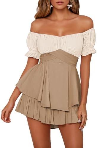 Fixmatti Women's Color Block Romper Off The Shoulder Short Sleeve Ruffle Jumpsuits Playsuit, XL Fixmatti Women's Color Block Romper Off The Shoulder Short Sleeve Ruffle Jumpsuits Playsuit, XL