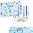 Rite Lite Tempered Glass Menorah Drip Tray Fun Whimsical Hanukkah Tray Display Centerpiece Jewish Holiday Party Favor Decorations Chanukah Gifts Judaica Decor Festival of Lights Hostess Gifts 11.75"L
