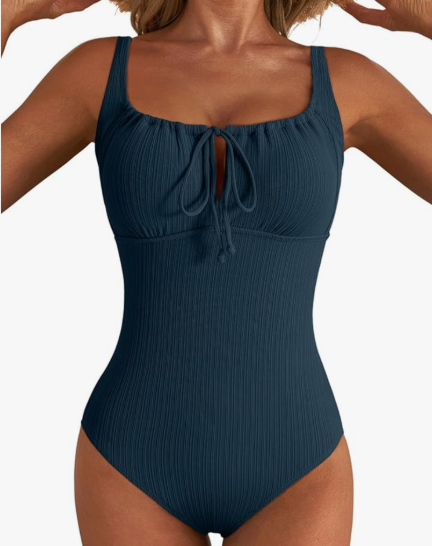 Aleumdr Womens Textured One Piece Swimsuit Tummy Control Bathing Suit with Bow Tie Knot Cutout Ruching Swimwear