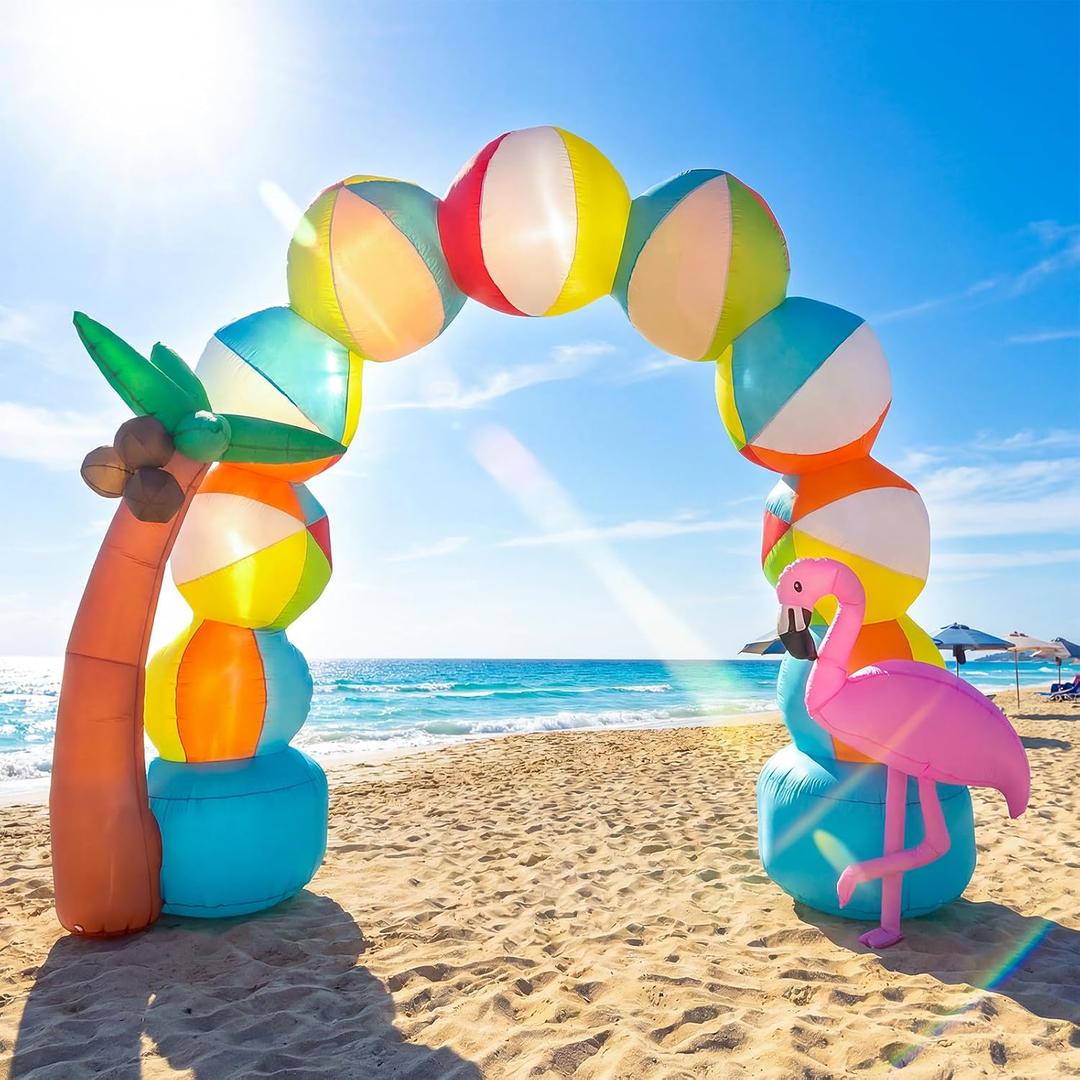 9FT Summer Inflatable Beach Arch Ball, Giant Inflatable Arch Pool Party Decorations with 8 LED Lights Summer Inflatables Outdoor Decorations Beach Party Decorations for Sea Pool Beach Hawaiian