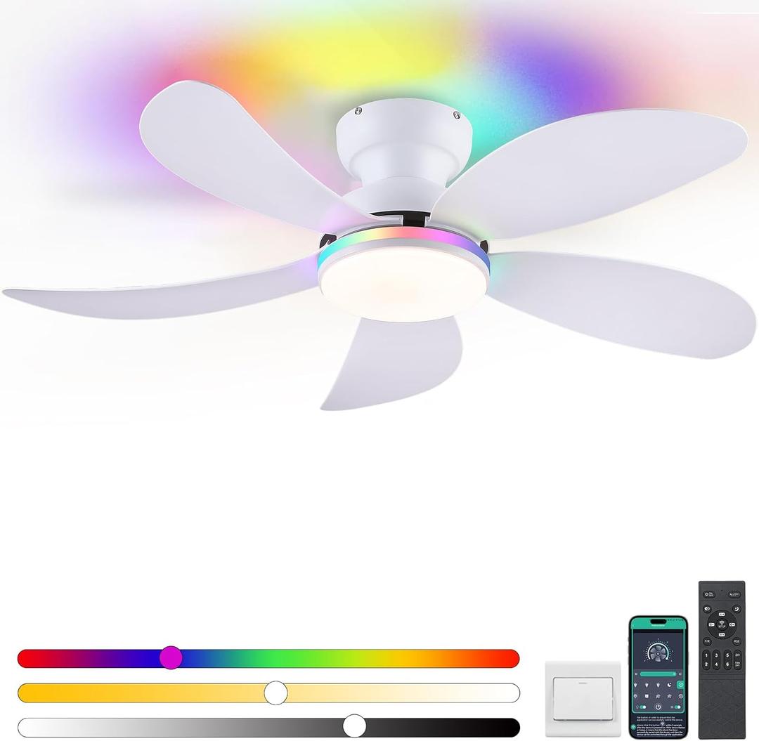 PHORUS 42" White RGB Ceiling Fans with Lights and Remote/APP, Small Modern Low Profile Ceiling Fans with Quiet Reversible DC Motor, Dimmable LED Ceiling Fan Light with 3 Colors 6 Speeds