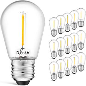 LED S14 Low Voltage (DC 3V) Replacement Bulbs with E26 Base for Outdoor Solar String Lights, 15 Pack, Clear