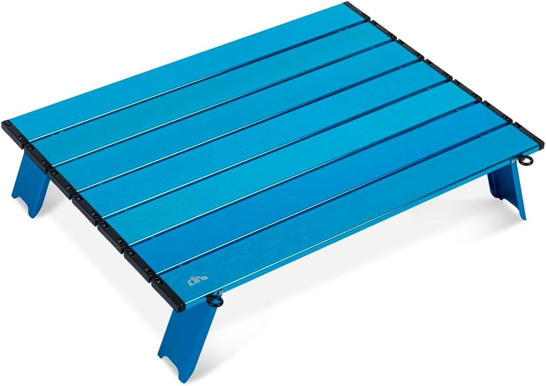 iClimb Ultralight Compact Mini Beach Picnic Folding Alu. Table with Carry Bag, Two Size (Blue - L), Large