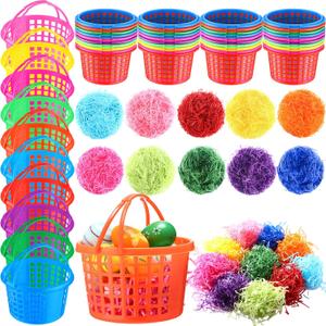 Wenqik 50 Pcs Plastic Easter Baskets for Kids Bulk 4.3 x 6.7 in Easter Egg Baskets Empty Plastic Buckets with Handle, 400g Easter Grass Stuffers Fillers for Party Favor Egg Hunt Gift