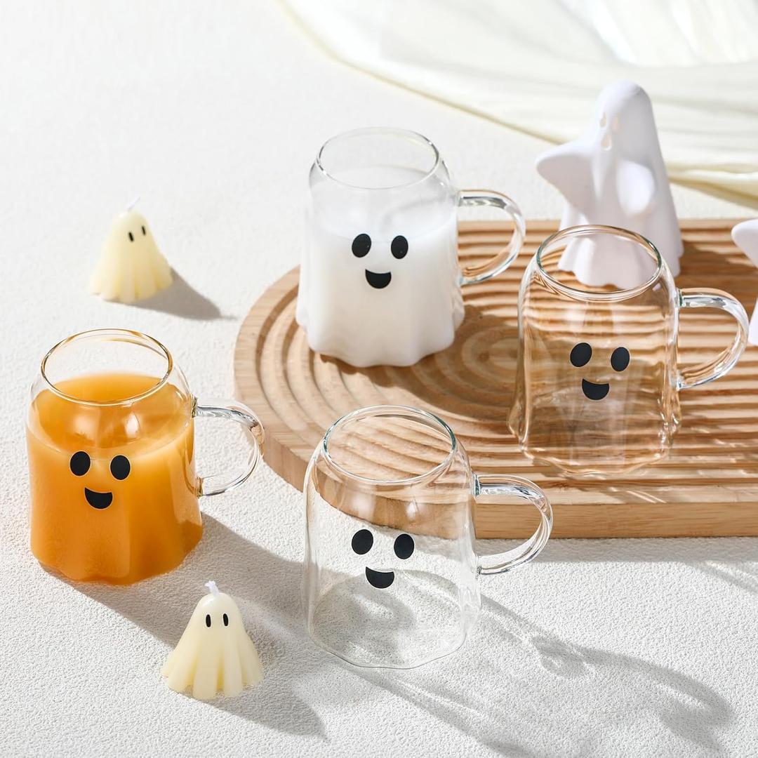 4 Pcs Halloween Ghost Coffee Mug Glass Cup with Handle Heat Resistant Coffee Tea Milk Cups Halloween Accessories Birthday Gifts for Home Office Drinking