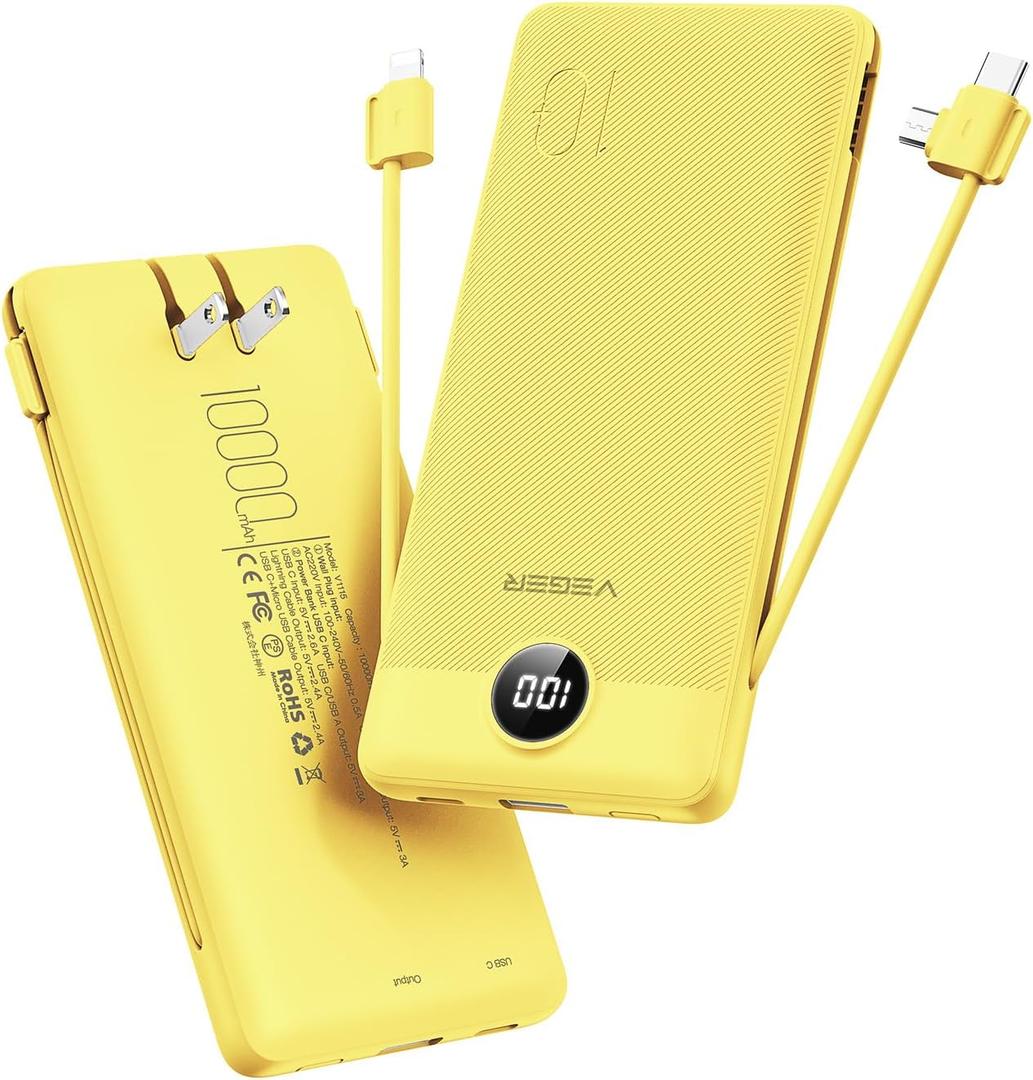VEGER Portable Charger with Built-in AC Plug and Cables, All in One 10000mAh Ultra Slim Power Bank Travel Essentials, Fast Charging Battery Pack Compatible with iPhone, Samsung, Android (Yellow)
