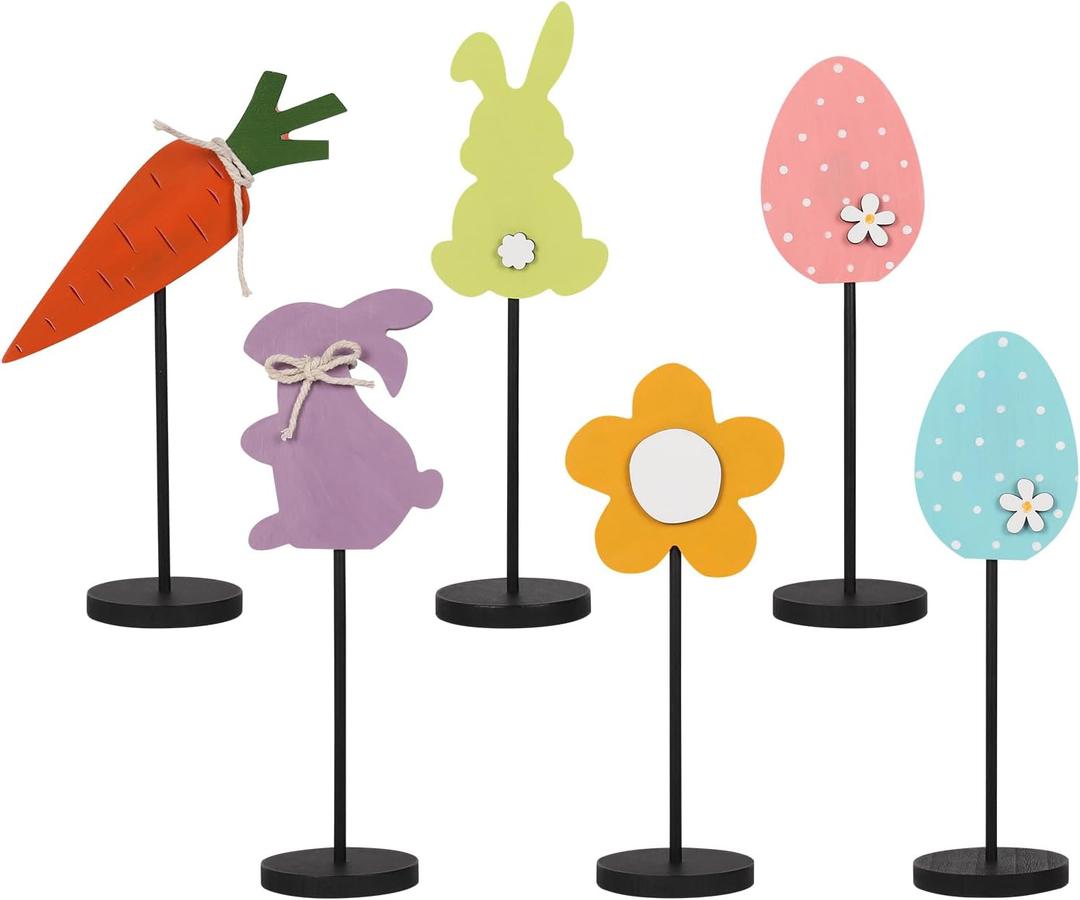 JIALEIXI 6PCS Wooden Easter Decorations, Spring Bunny Rabbit Egg Flower Table Sign, for Home Indoor Party Holiday Summer Farmhouse Decor (Blue-Yellow-Purple-Pink-Light Green-Orange)