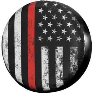 Foruidea USA Patriotic Firefighter Thin Red Line Flag Spare Tire Cover Dust-Proof Wheel Tire Cover Fit Trailer, RV, SUV and Many Vehicle (14, 15, 16, 17 Inch)