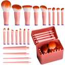 BS-MALL Travel Makeup Brushes Professional and Durable 16-Piece Set Detachable Rotating Handles, Eco-Friendly Design, Comes with Storage Barrel (Orange Case)