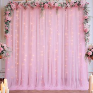 10x10ft Pink Tulle Backdrop Curtain with Lights String for Parites, Sheer Backdrop Curtains for Baby Shower Wedding Birthday Party Photo Shoot Decorations (10ft x 10ft (2 Panels 5*10ft))