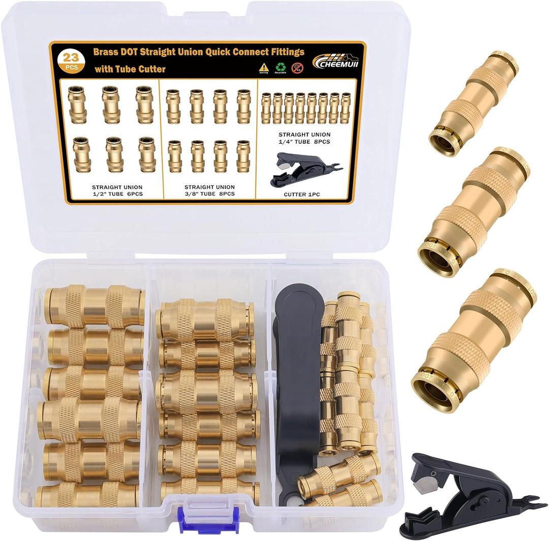 CheeMuii 23 PCS Brass DOT Air Line Fittings Kit 1/4 3/8 1/2 DOT Quick Connect Air Fittings Straight Union Push to Connect Air Hose Fittings for Semi Truck Trailers Air Brake System