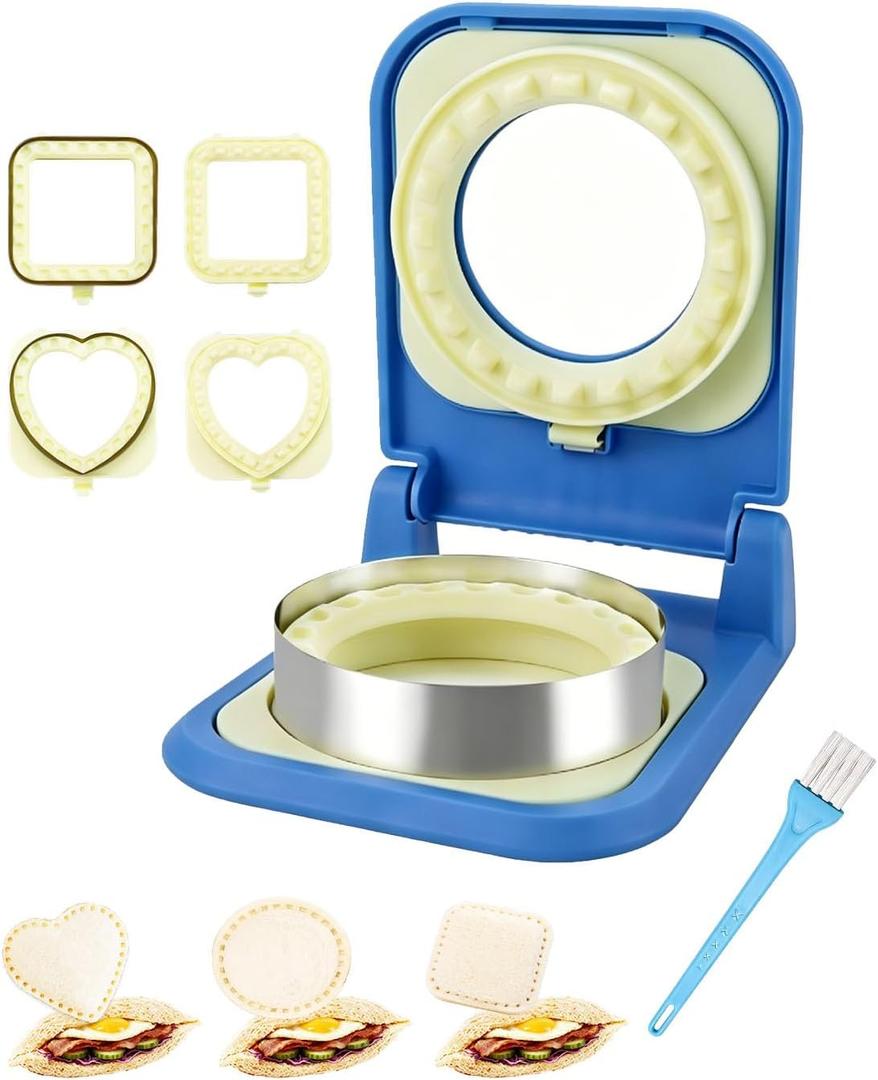 3-in-1 Uncrustable Sandwich Maker - Heart/Circle/Square Crustless Sandwich Cutter & Sealer for Kids' Lunch, Breakfast & Lunchboxes | BPA-Free Uncrustable Press,Easy Clean(3-Shape Blue)