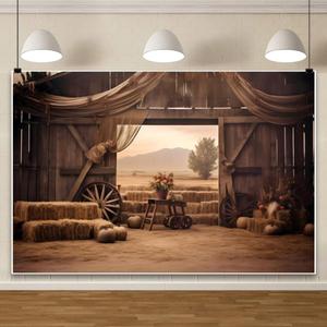 ChloropLastid 10x8ft Rustic Western Barn Backdrop Vintage Wooden House Barn Door Haystack Pumpkins Vintage Farm Theme Photography Background Baby Shower Birthday Thanksgiving Party Decor Banner