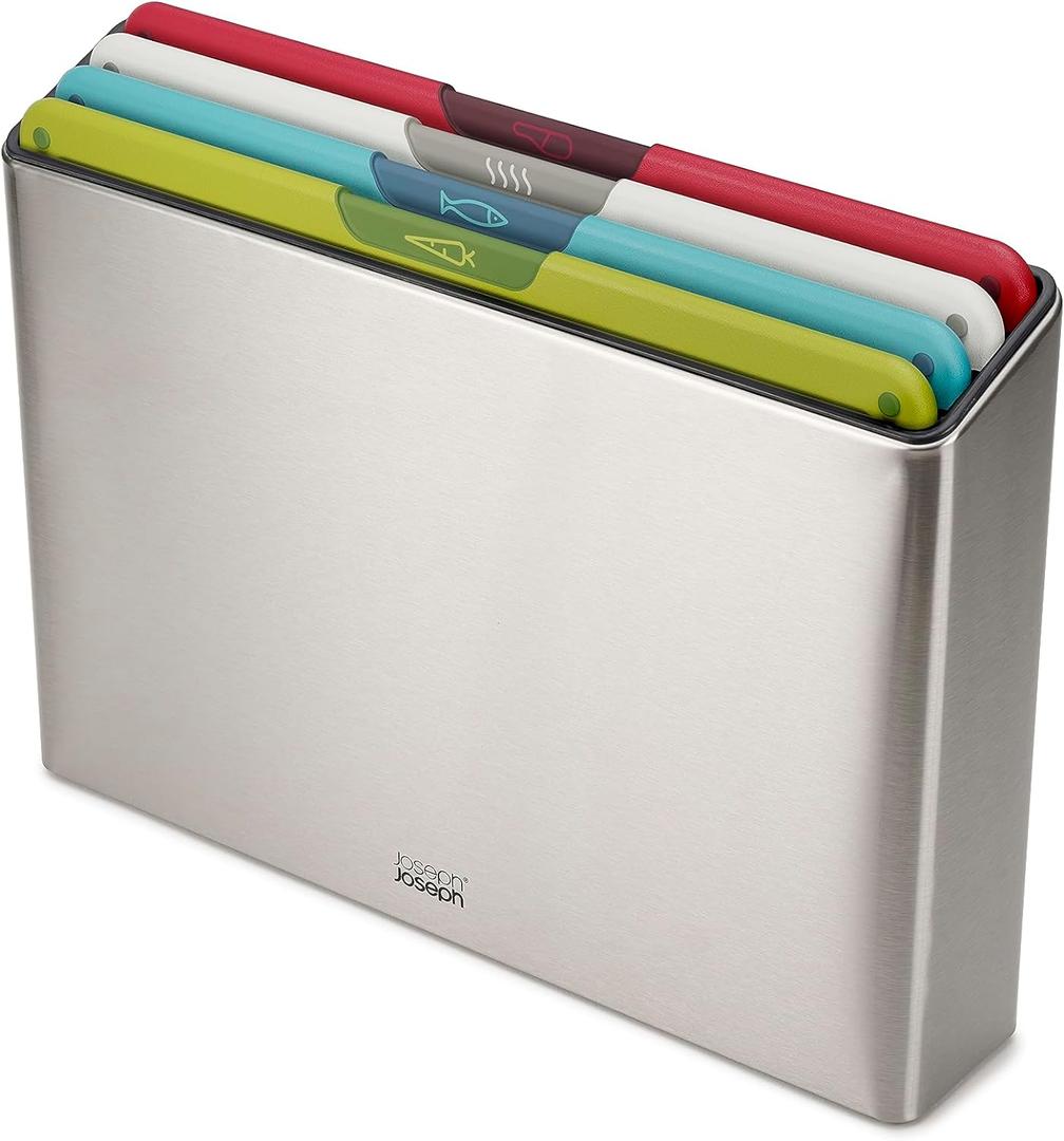 Joseph Joseph Folio Icon 4-Piece Multi Colour coded Cutting Board Set, Stainless Steel Slimline case for organized Kitchen storage, Silver (2.9"L x 14"W)
