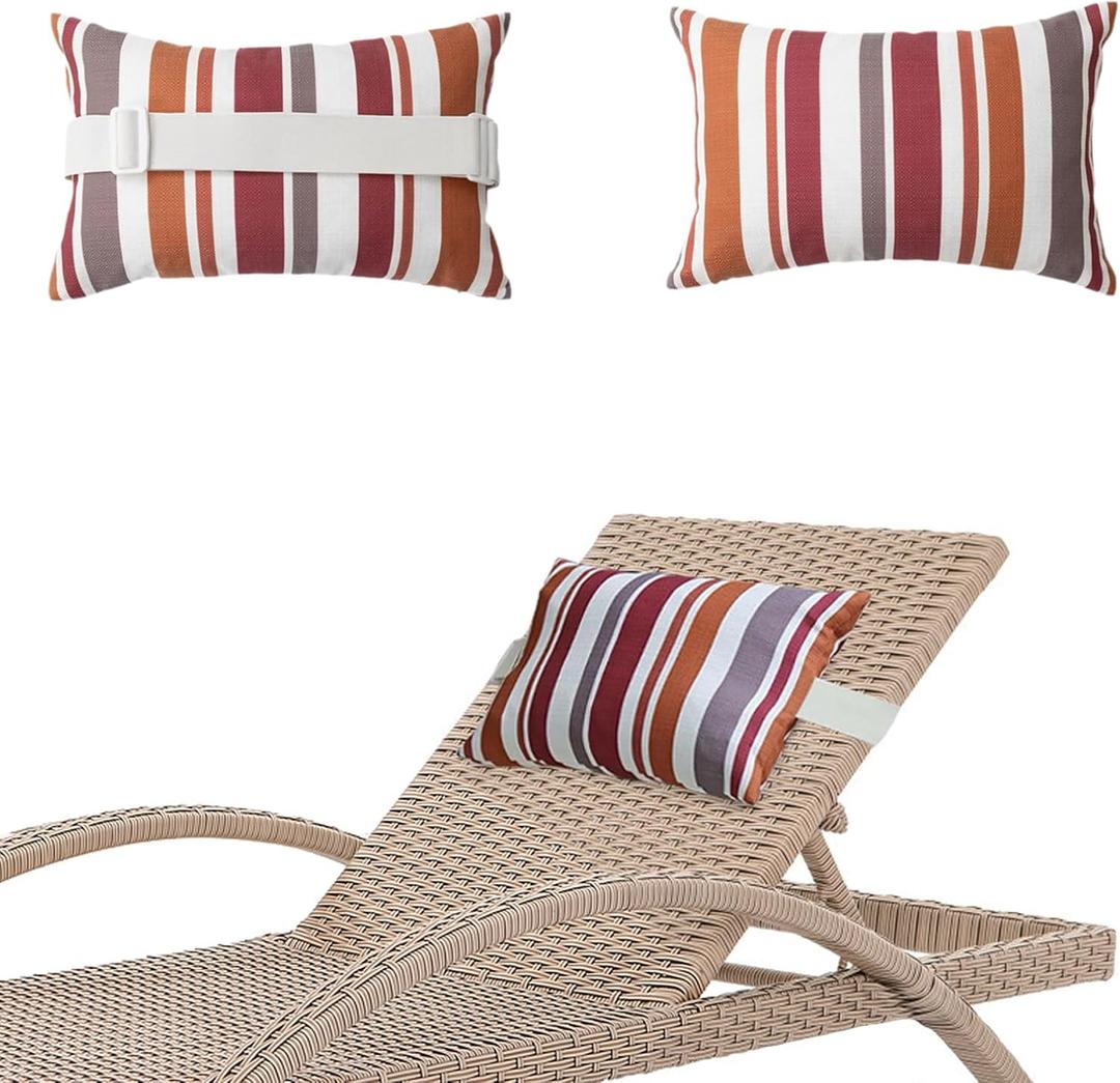 Chaise Lounge Head Pillow, 2 Pack Oudoor Patio Pillow with Elastic Strap Water Resistant Headrest Pillows for Recliner, Beach Chair, Office Chair Neck, Red Stripes